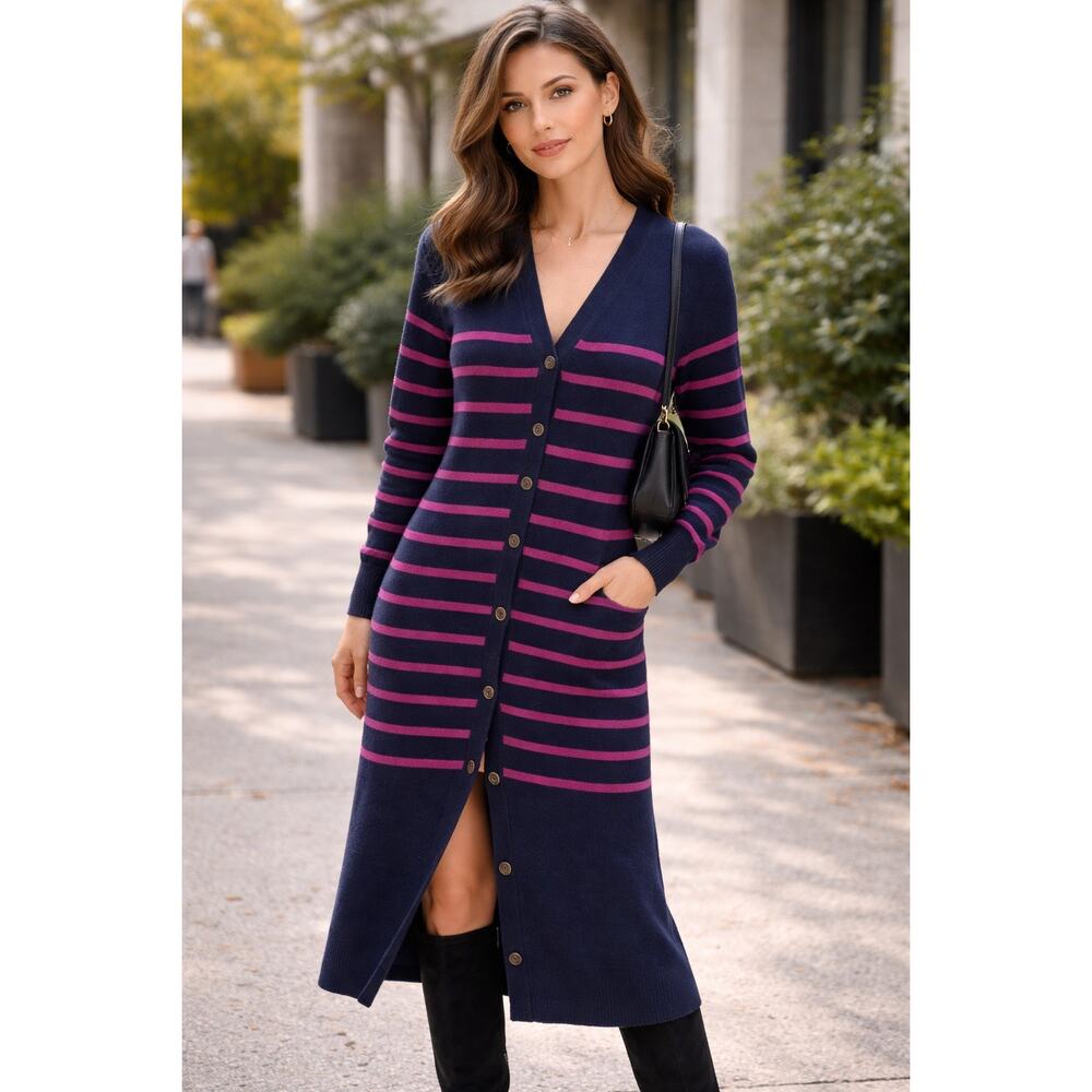 LOFT Striped Sweater Midi Dress Women’s Size S Pink Navy Button Front Soft